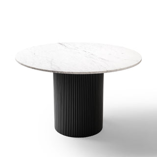 Kelby round marble dining table with black base on a white background