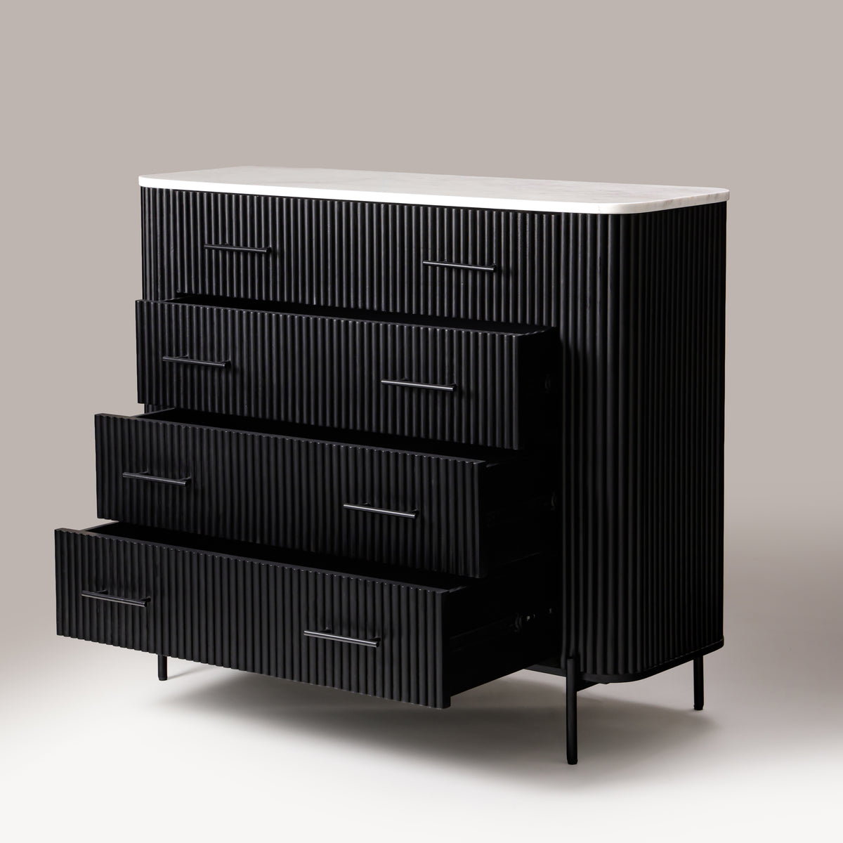 Kelby black tallboy with drawers open