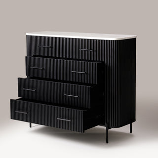 Kelby black tallboy with drawers open