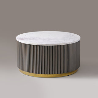 Kelby fluted round marble coffee table in Mist Grey, front view