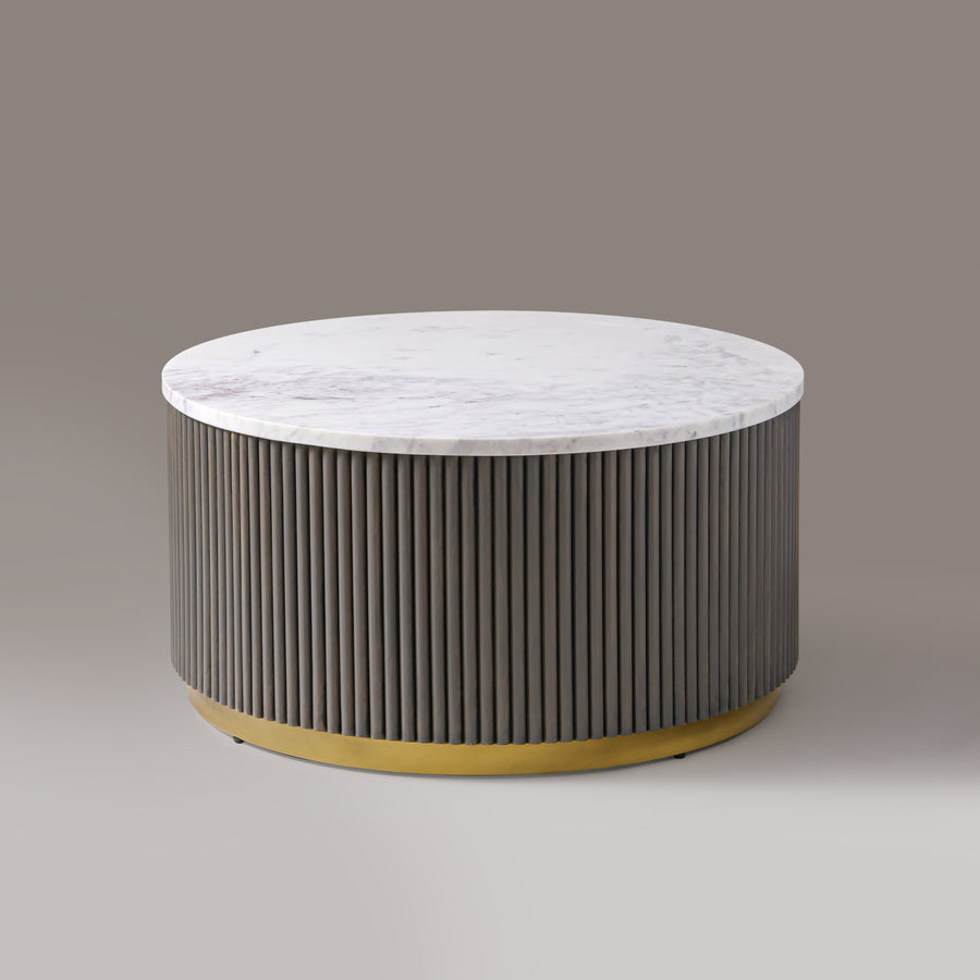 Kelby fluted round marble coffee table in Mist Grey, front view