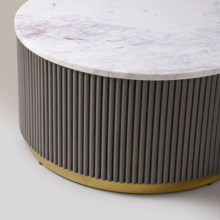 Kelby Mist Grey coffee table showing hand-finished fluting on the drum