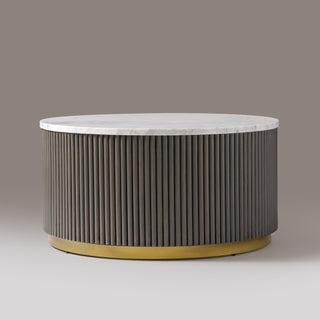 Kelby Mist Grey round coffee table with gold-finish base band