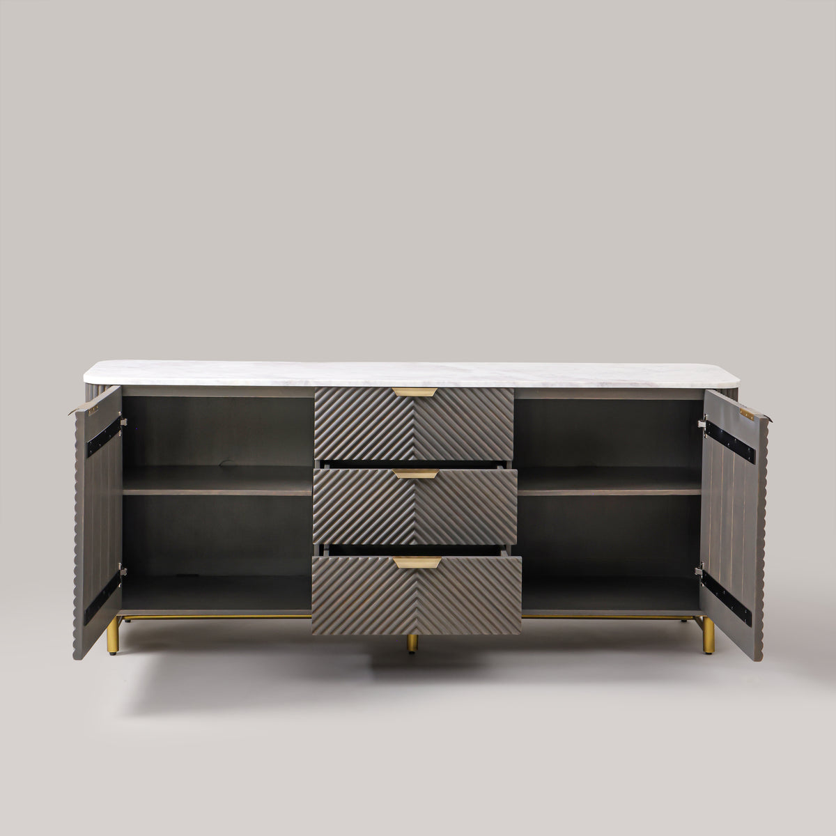 Kelby Mist Grey marble top buffet, angled view