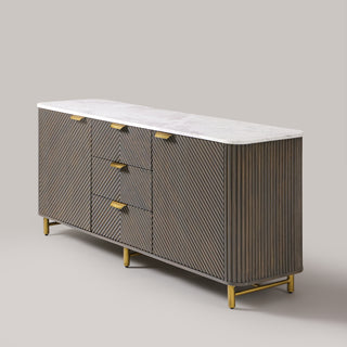 Kelby Mist Grey fluted buffet with gold-finish handles and metal legs