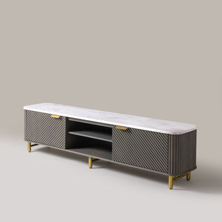 Kelby Mist Grey TV unit with open centre shelf and gold-finish legs