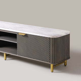 Kelby Mist Grey TV unit showing hand-finished fluted door and gold-finish handle