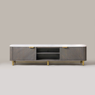 Kelby fluted marble top TV unit 180cm in Mist Grey, front view