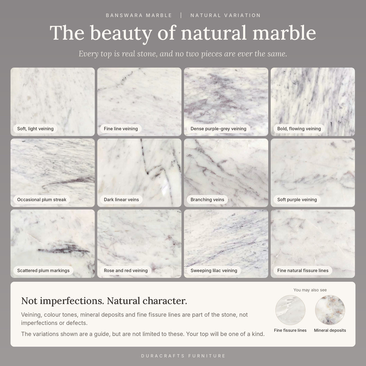 Natural marble variation guide showing the range of veining and colour tones between marble tops