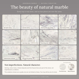 Natural marble variation guide showing the range of veining and colour tones between marble tops
