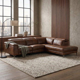 Dromana 5 Seat RHF Genuine Leather Corner Terminal With Electric Recliner - Cognac Brown