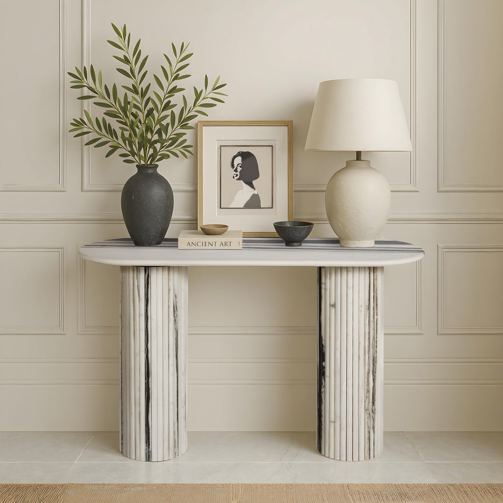 Linea Natural Marble Panda White 125CM Console Table – DuraCrafts Furniture
