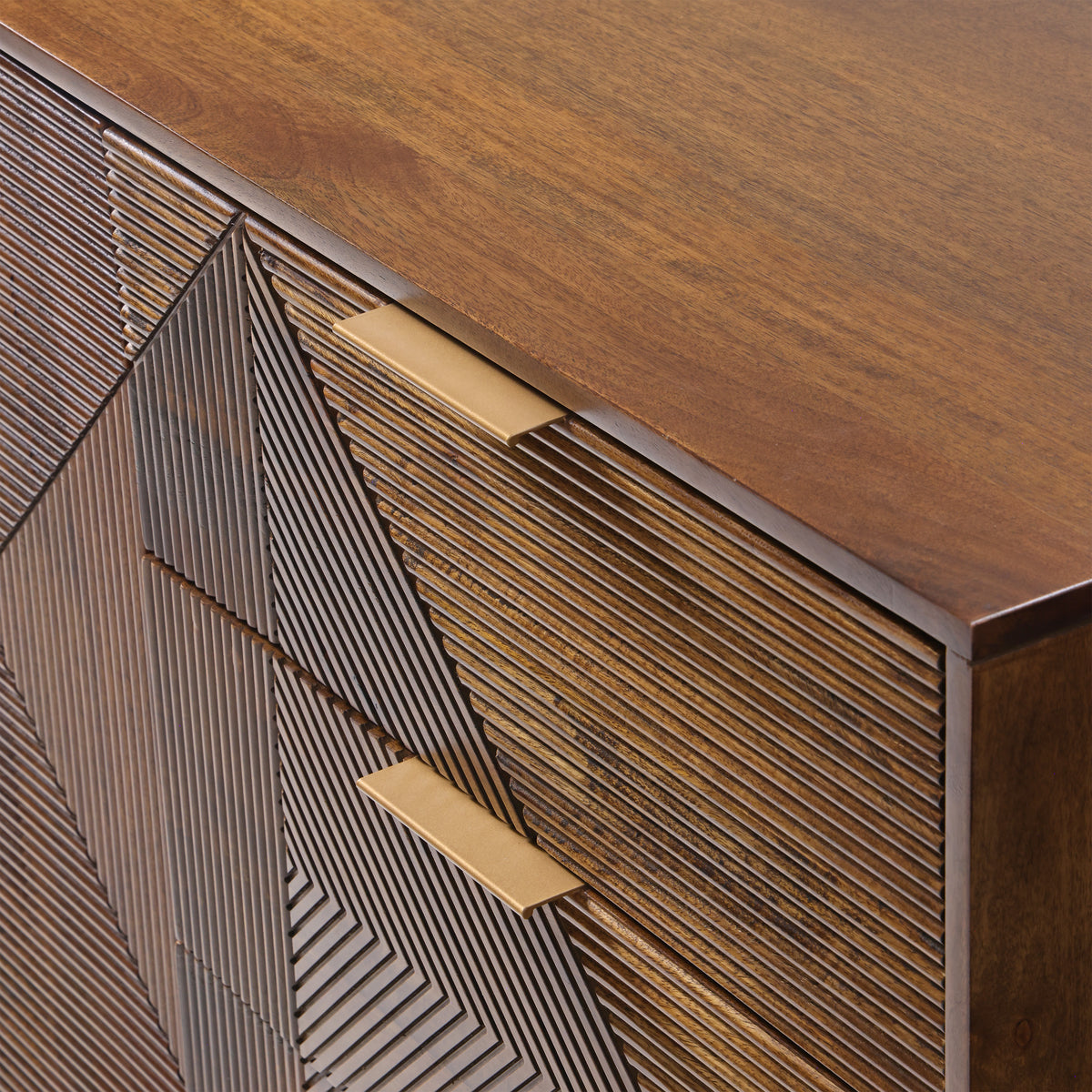 Tasmania sideboard angled view with gold-finish handles and plinth base
