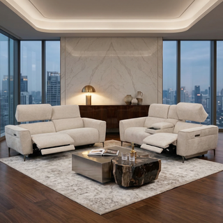 Tivoli 2 Seat Dual Electric Recliner with Electric Telescopic Headrests, Console, Wireless Charging & Speakers - Ivory