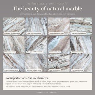 Toronto marble variation guide showing the range of banding, veining and colour tones between pieces