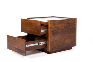 Savoy Bedside Table with 2 Drawers – Natural Marble Top & Mango Wood