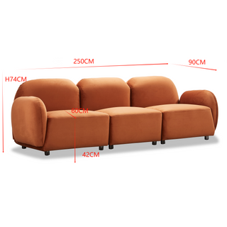 Luna 3 Seat Velvet Fabric Sofa - Rust