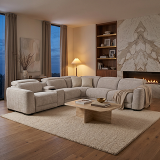 Windsor Modular Fabric Lounge with Dual Electric Recliners, Electric Headrests & Console with Wireless Charging & Cup Holders - Cobblestone