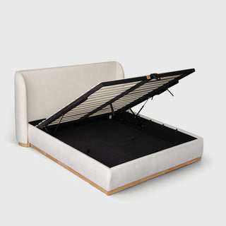 Bora Bed with gas lift base raised, showing under-bed storage