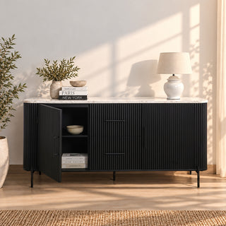 Kelby black buffet with door open showing internal shelf