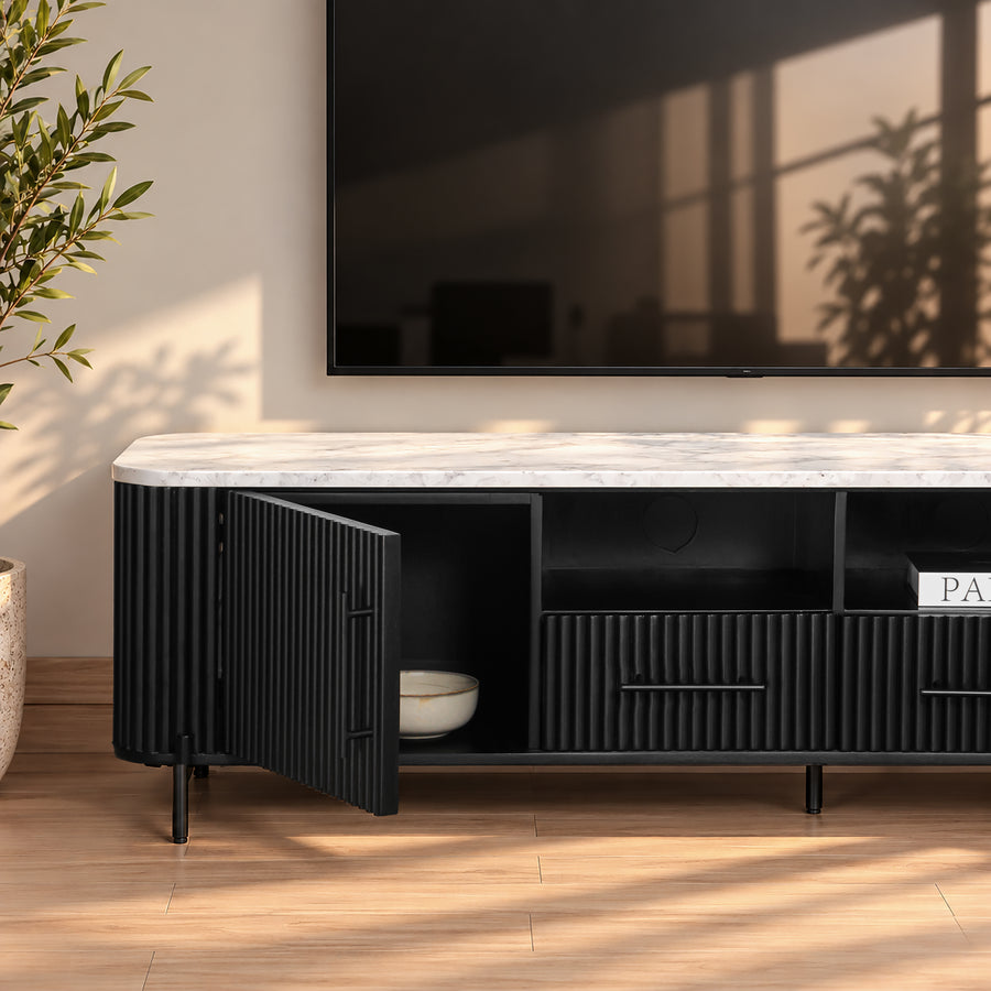 Kelby black TV unit with door open showing storage and open shelves