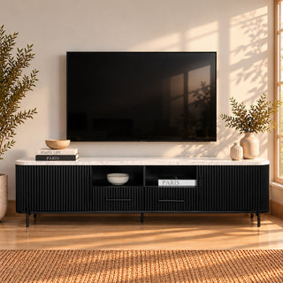Kelby black TV unit with natural marble top under a wall-mounted TV