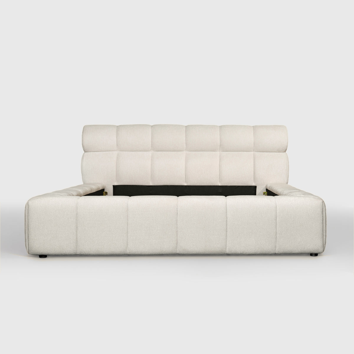 Marshmallow Cloud Bed front view, tufted ivory headboard and padded footboard