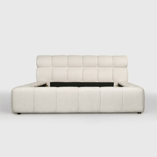 Marshmallow Cloud Bed front view, tufted ivory headboard and padded footboard