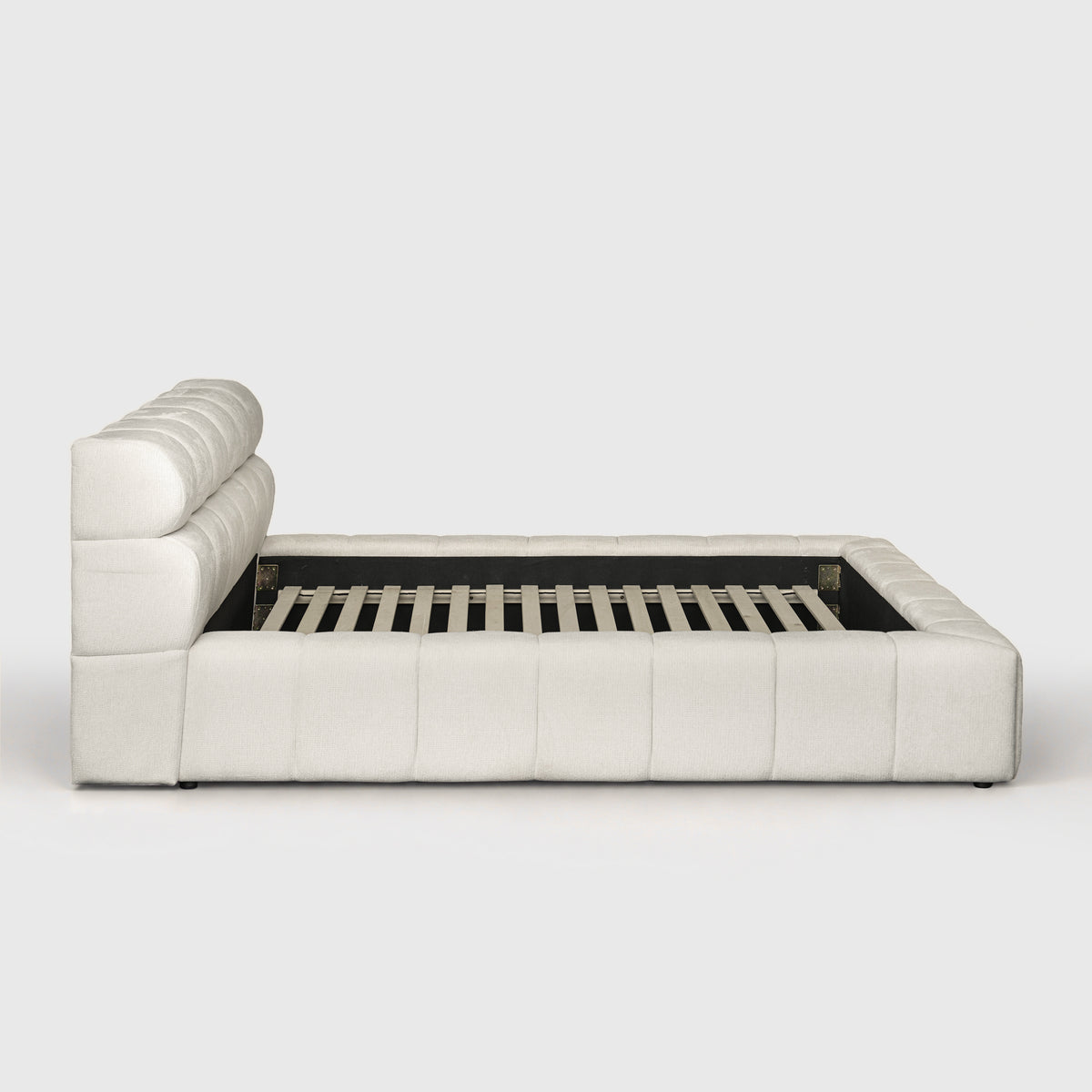 Marshmallow Cloud Bed angled side view showing rolled headboard and timber slats